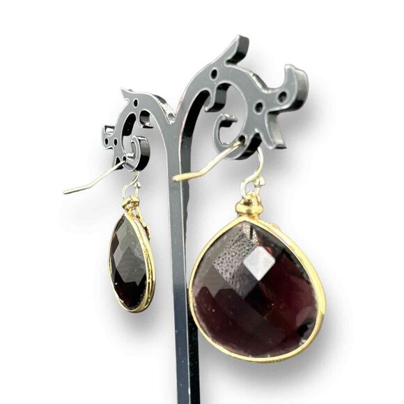Purple Faceted Glass Teardrop Dangle Earrings over Gold Plated - Picture 4 of 7